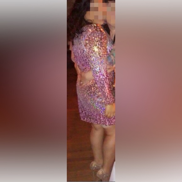 SOLD: Pink, Gold, Silver gradient/ombré sequined long sleeve cocktail dress - Picture 4 of 6
